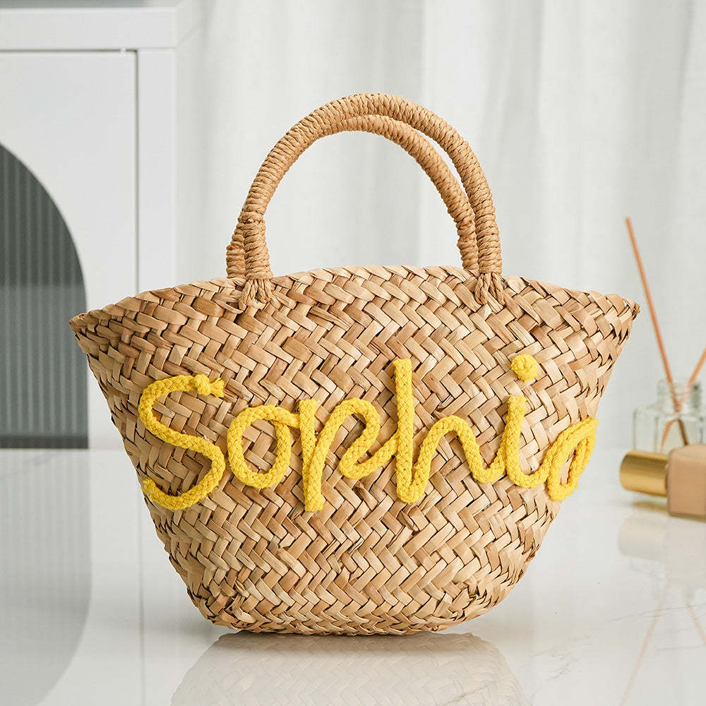 Personalized Embroidered Name Bags Straw Basket Bridal Shower Bags Customized Straw Bags Custom Beach Bag Straw Tote - SantaSocks