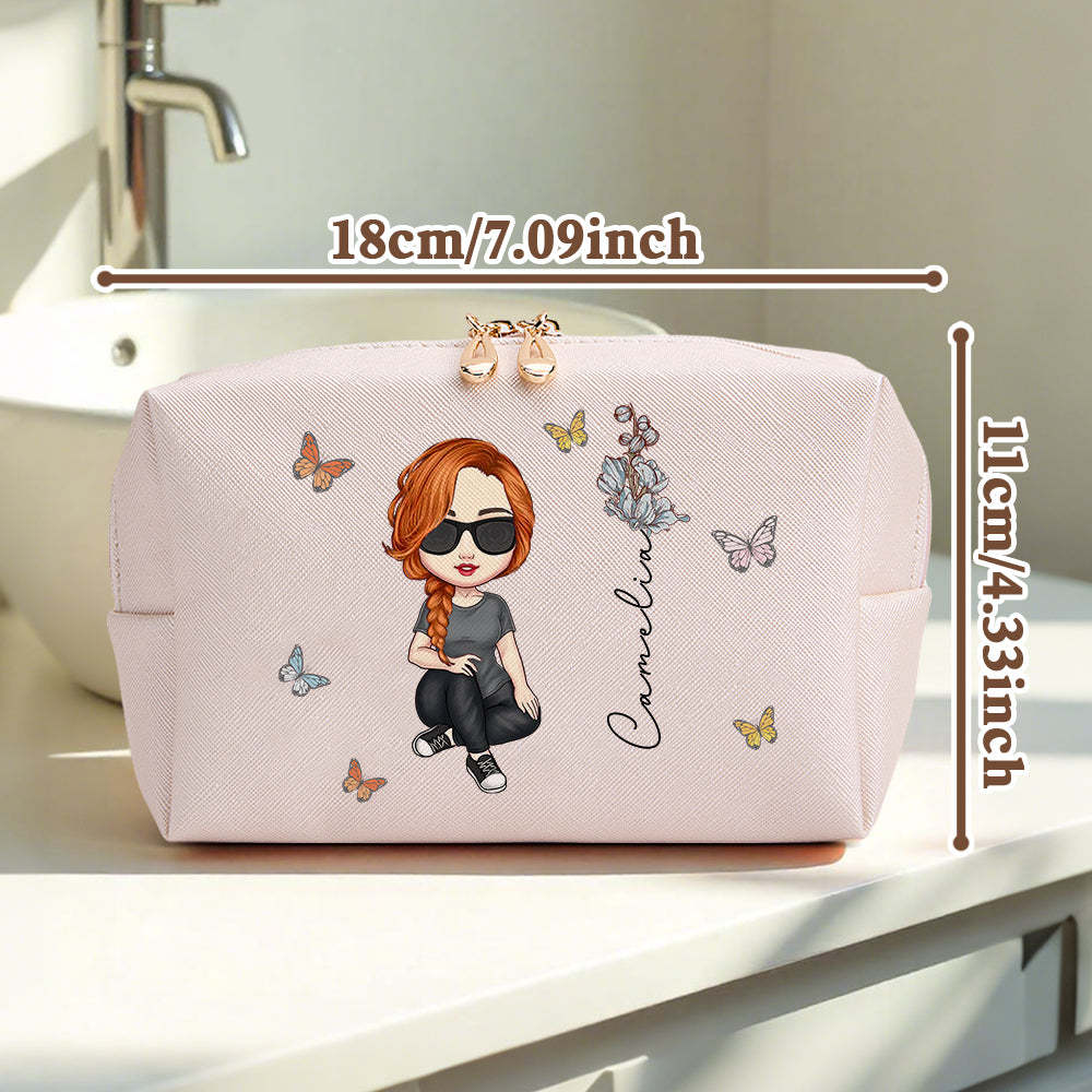 Personalized Cartoon Character Makeup Bag with Birth Flower Leather Cosmetic Bag Gift for Her - SantaSocks
