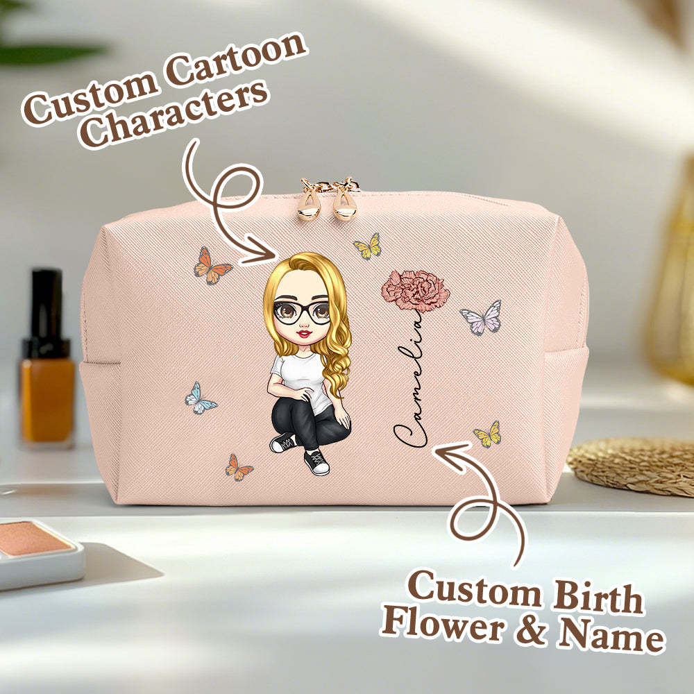 Personalized Cartoon Character Makeup Bag with Birth Flower Leather Cosmetic Bag Gift for Her - SantaSocks