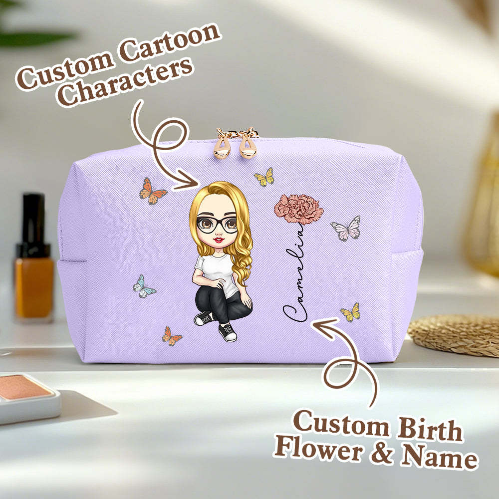 Personalized Cartoon Character Makeup Bag with Birth Flower Leather Cosmetic Bag Gift for Her - SantaSocks