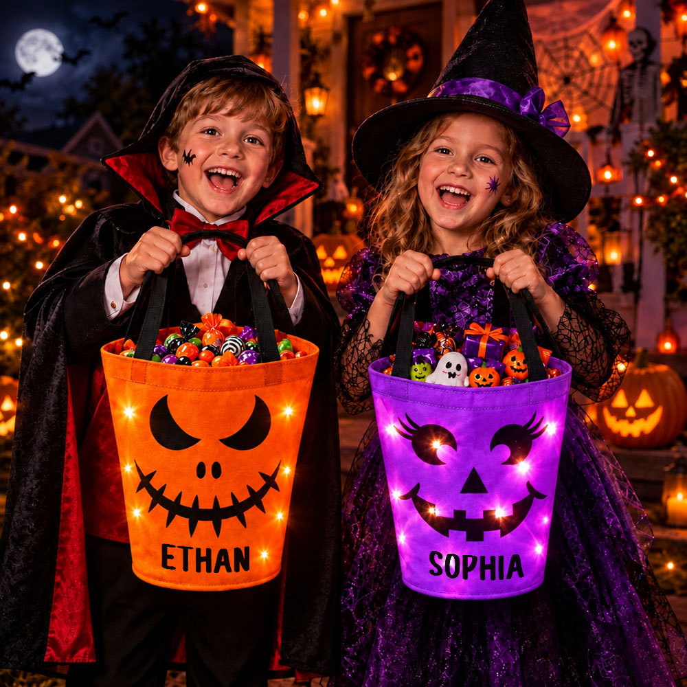 Custom LED Light Bucket Bag - Personalized Halloween Birthday Gifts For Kids - Little Boo Energy Glow Treat Bag for Kids & Trick-or-Treating - SantaSocks