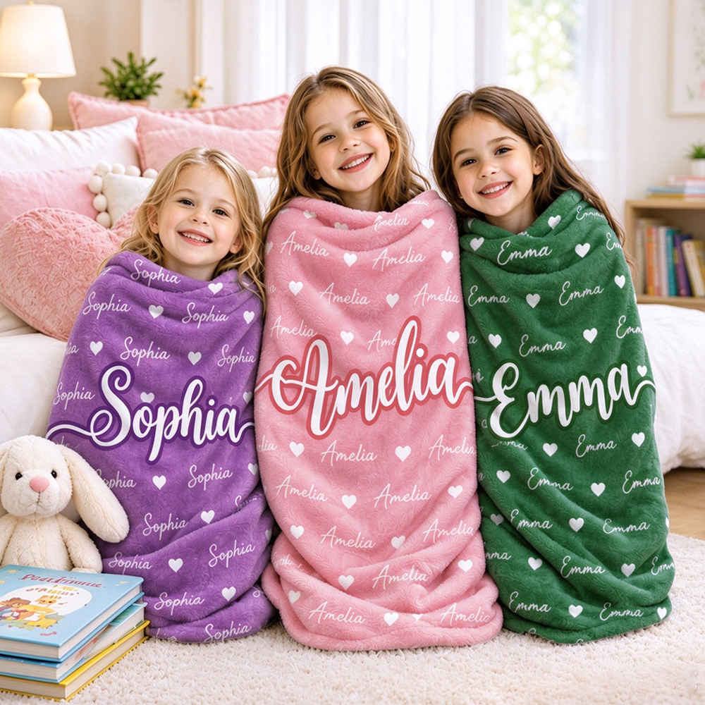 Personalized Fleece Blanket for Kids  Birthday Gift with Name & Hearts, Cozy Sherpa Throw for Girls and Boys Christmas Gift