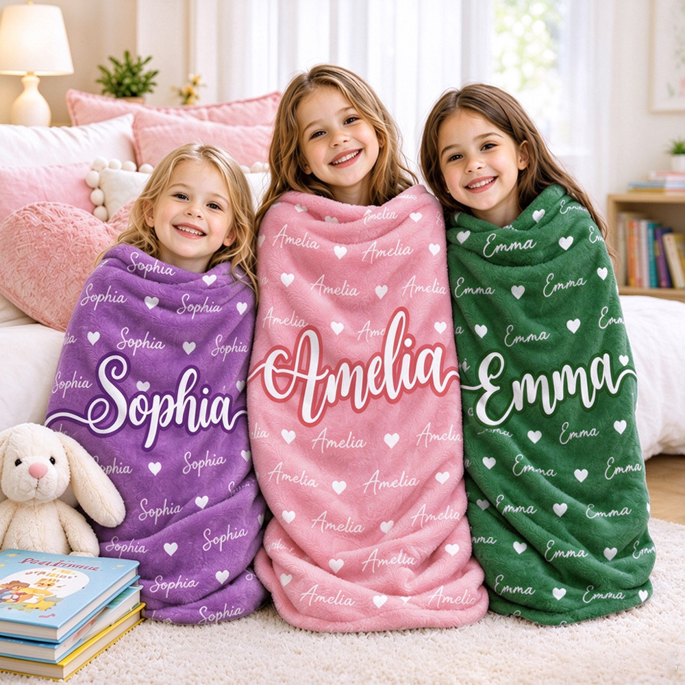 Personalized Kids Fleece Blanket with Name & Hearts, Cozy Sherpa Throw Birthday Gift for Boys Girls