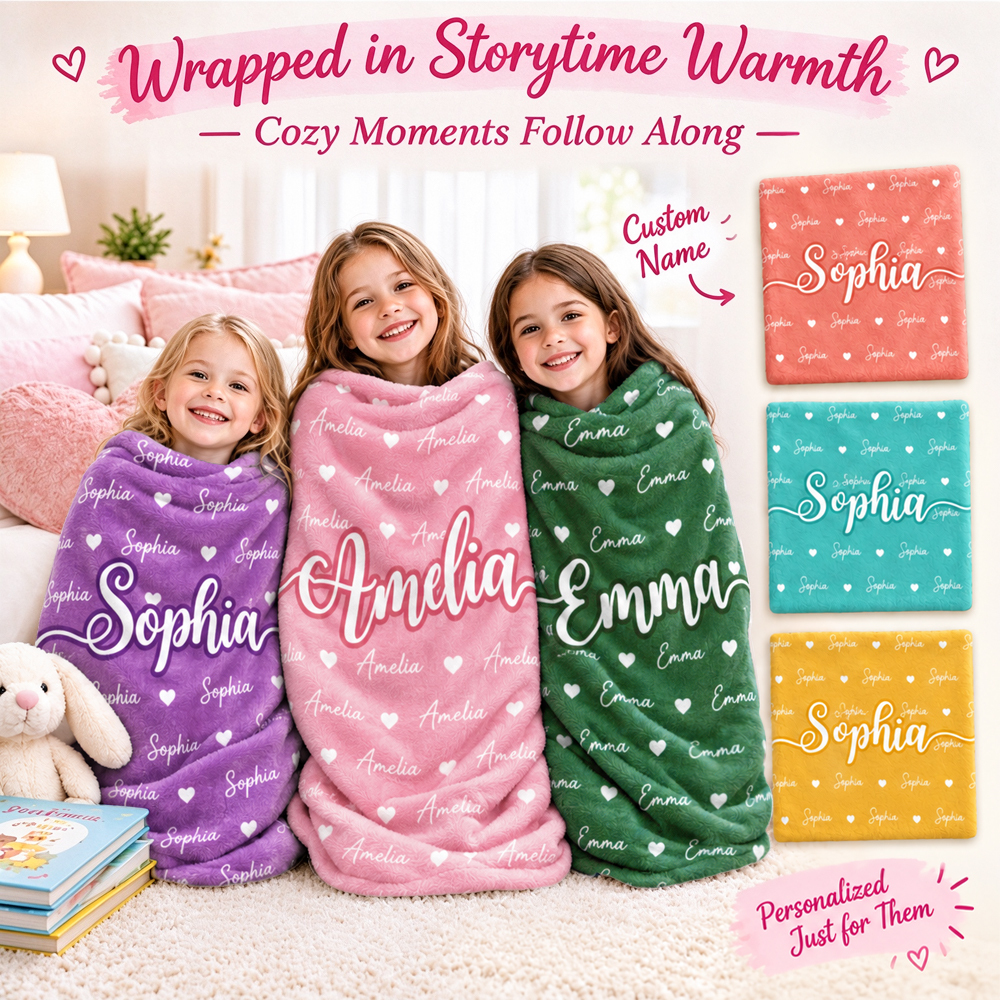 Personalized Fleece Blanket for Kids  Birthday Gift with Name & Hearts, Cozy Sherpa Throw for Girls and Boys Christmas Gift