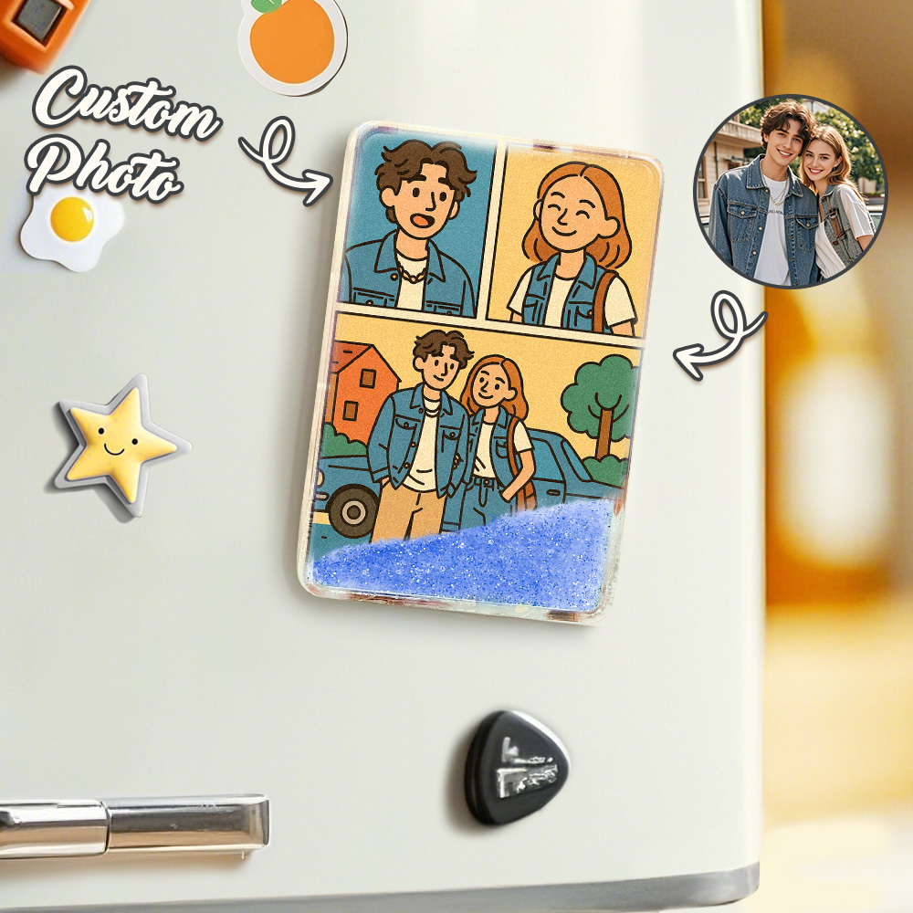 Custom Cartoon Hand-Painted Style Photo Fridge Magnet Personalized Quicksand Fridge Magnet Christmas Gift