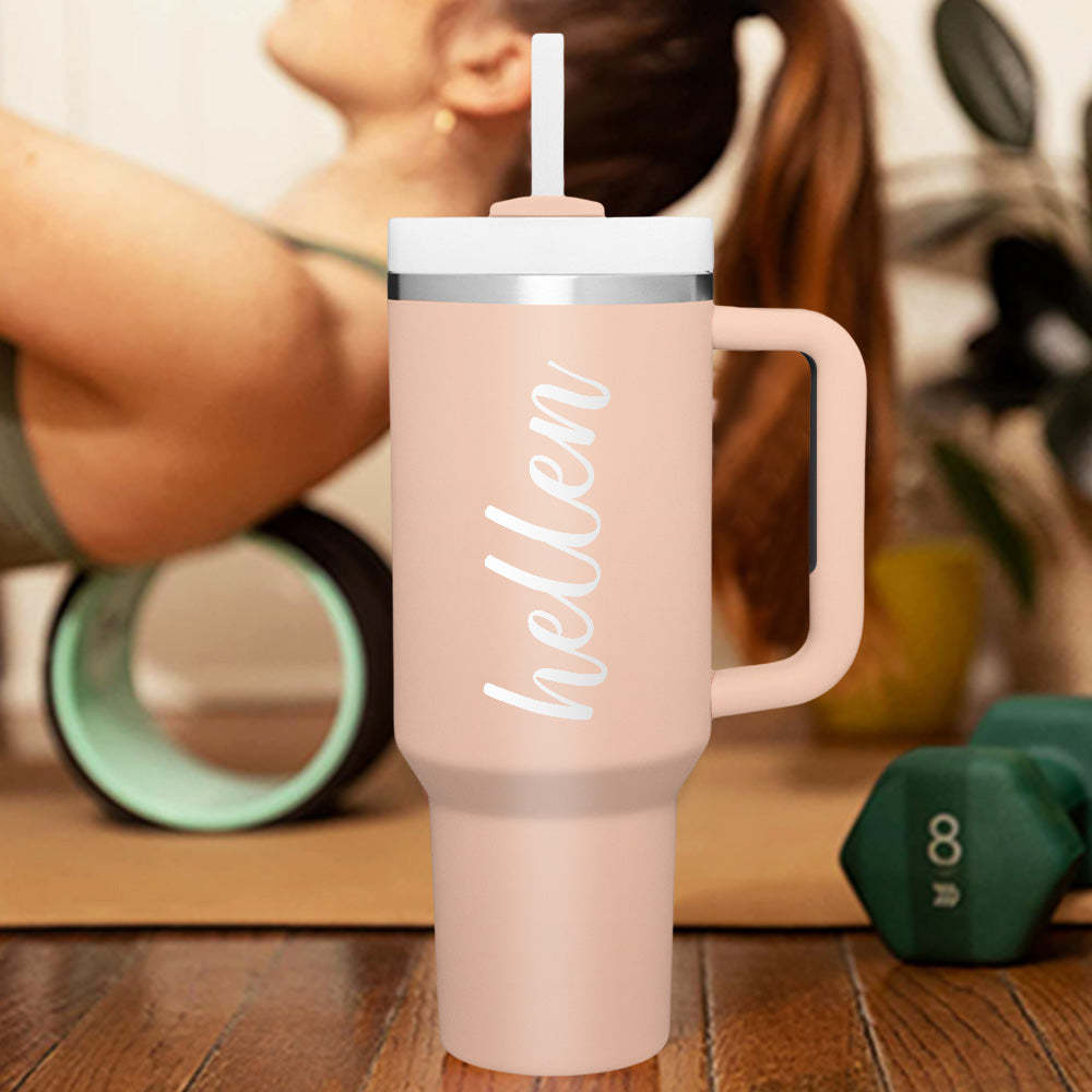Personalized Text 40oz Insulated Mug with Handle and Straw Stainless Steel Custom Travel Cup Gift for Family Friends Couples - SantaSocks