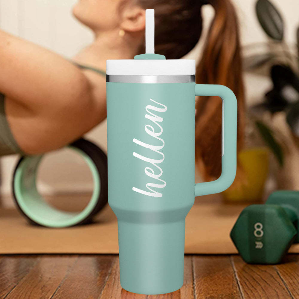 Personalized Text 40oz Insulated Mug with Handle and Straw Stainless Steel Custom Travel Cup Gift for Family Friends Couples - SantaSocks