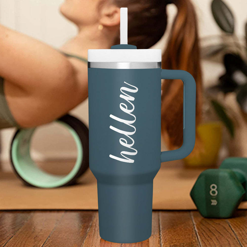 Personalized Text 40oz Insulated Mug with Handle and Straw Stainless Steel Custom Travel Cup Gift for Family Friends Couples - SantaSocks