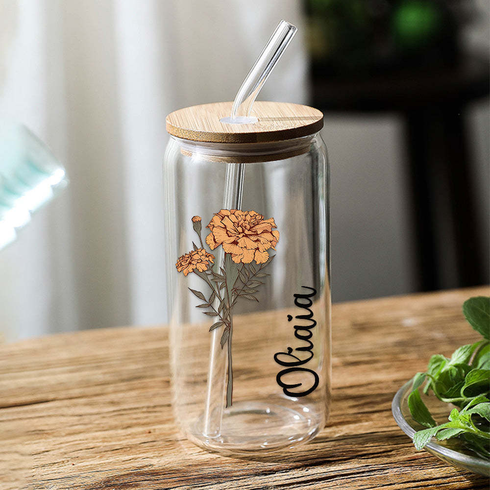Personalized Name Can Glass with Colorful Birth Flower Custom Can Glass with Straw Gift for Mother Friends Family Bridesmaid - SantaSocks