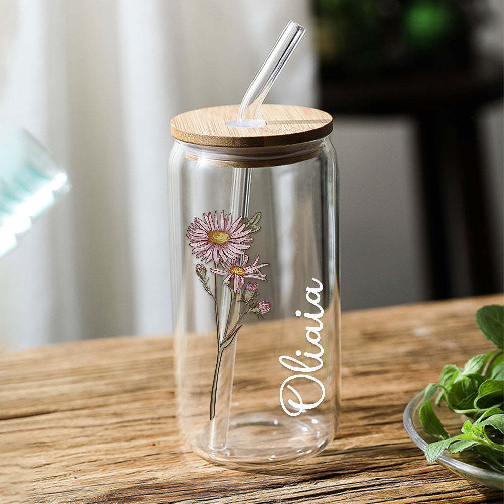 Personalized Name Can Glass with Colorful Birth Flower Custom Can Glass with Straw Gift for Mother Friends Family Bridesmaid - SantaSocks