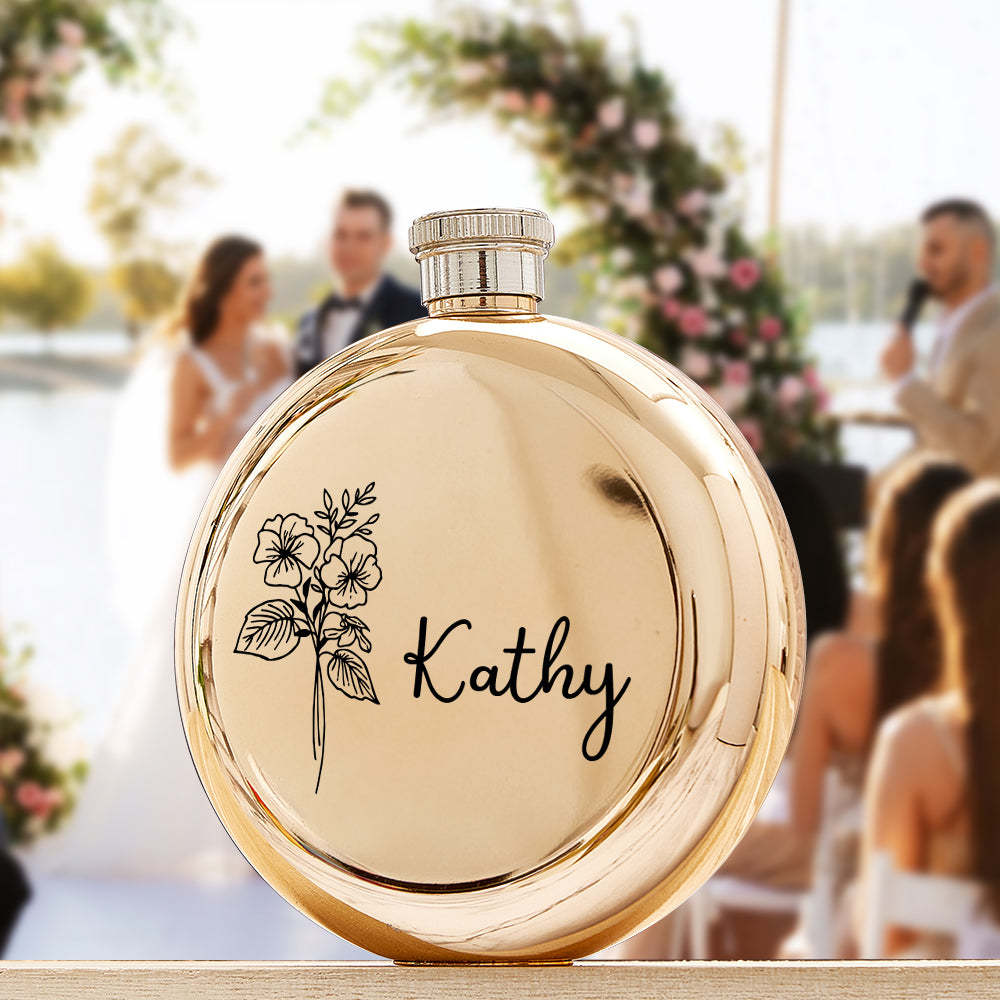 Personalized Name Flask with Birth Flower Custom Flask Gift for Bridesmaid Bachelorette Friends - SantaSocks