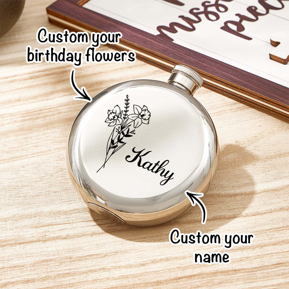 Personalized Name Flask with Birth Flower Custom Flask Gift for Bridesmaid Bachelorette Friends - SantaSocks