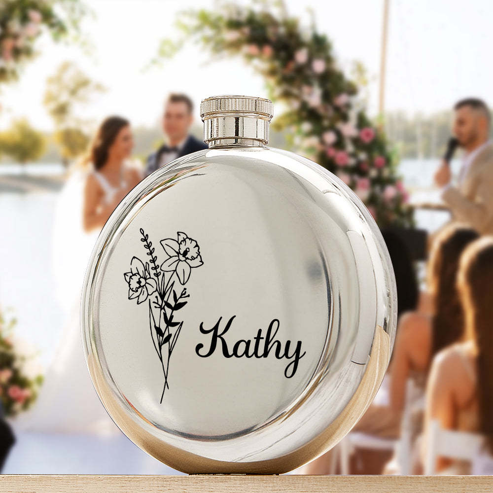 Personalized Name Flask with Birth Flower Custom Flask Gift for Bridesmaid Bachelorette Friends - SantaSocks