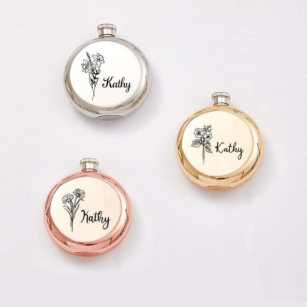 Personalized Name Flask with Birth Flower Custom Flask Gift for Bridesmaid Bachelorette Friends - SantaSocks