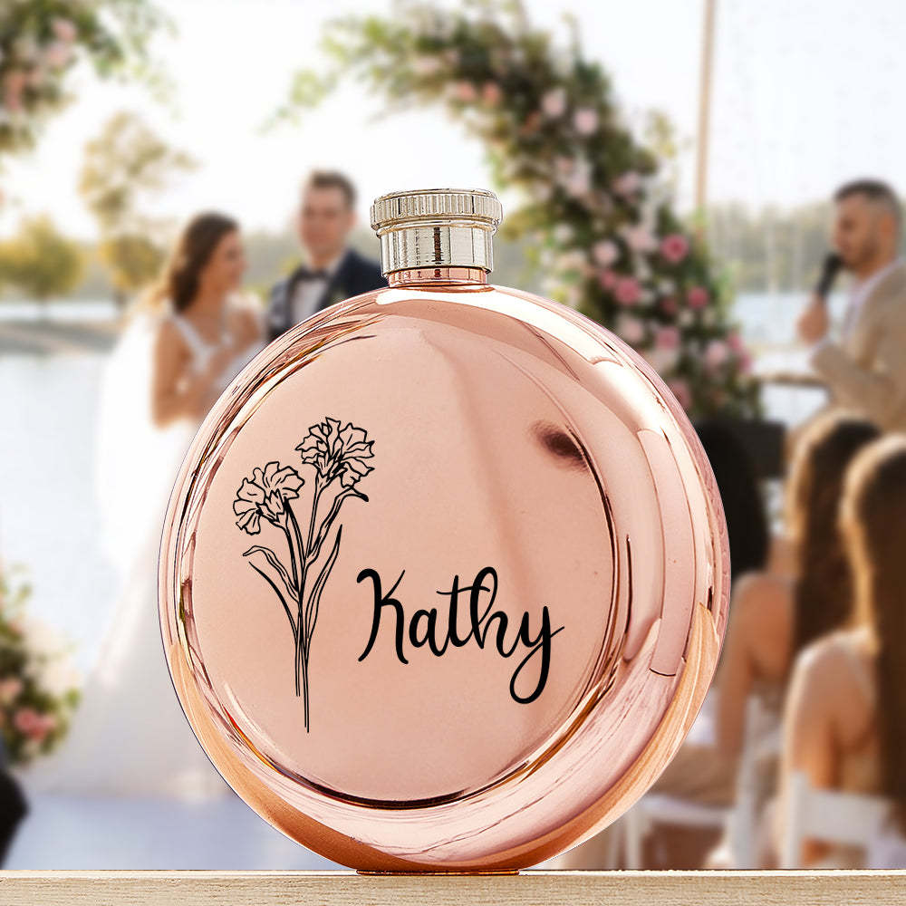 Personalized Name Flask with Birth Flower Custom Flask Gift for Bridesmaid Bachelorette Friends - SantaSocks