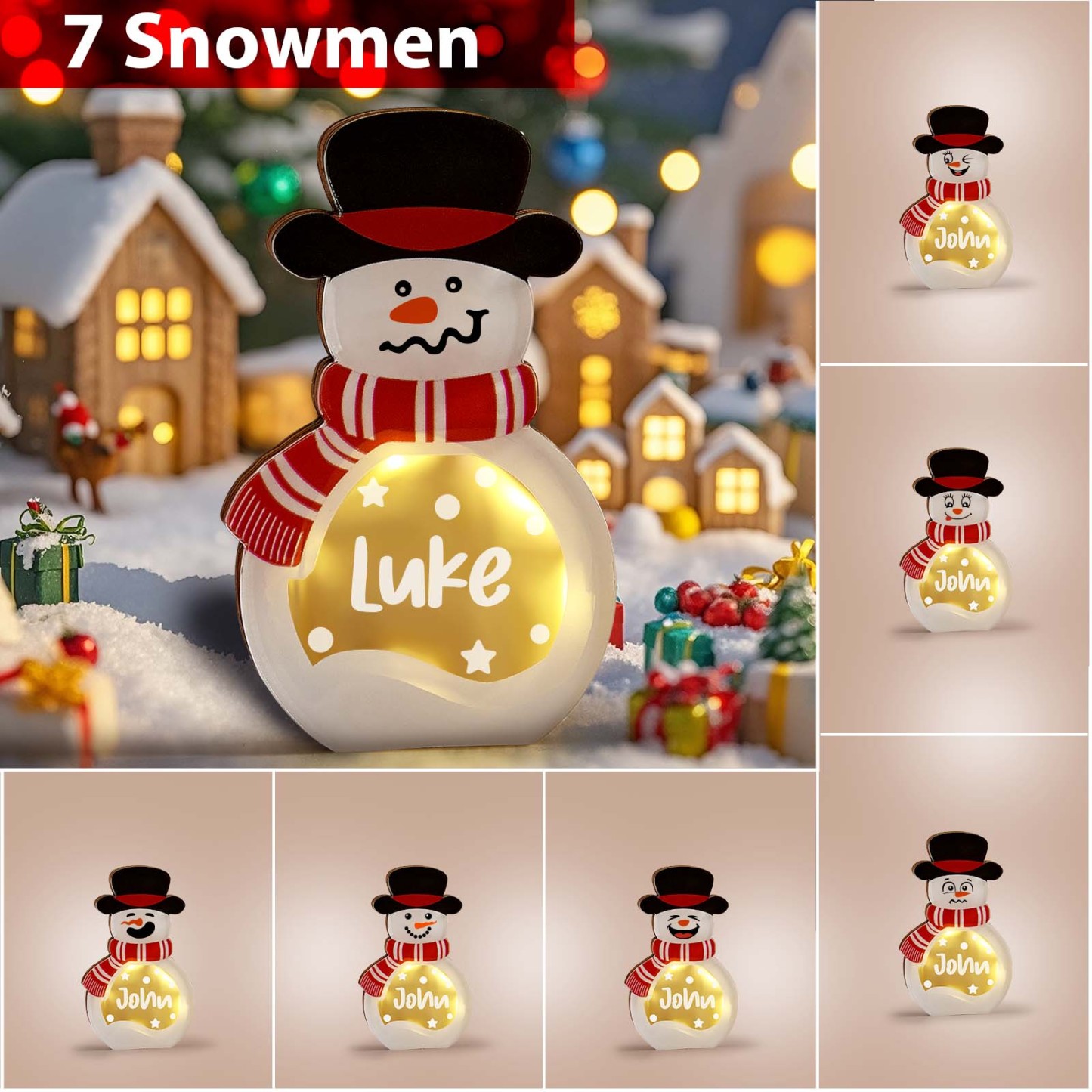 Personalized Snowman Wooden Decoration with LED Light Tabletop Winter Name Block Sign Holiday Party Supplies Christmas Gift for Family