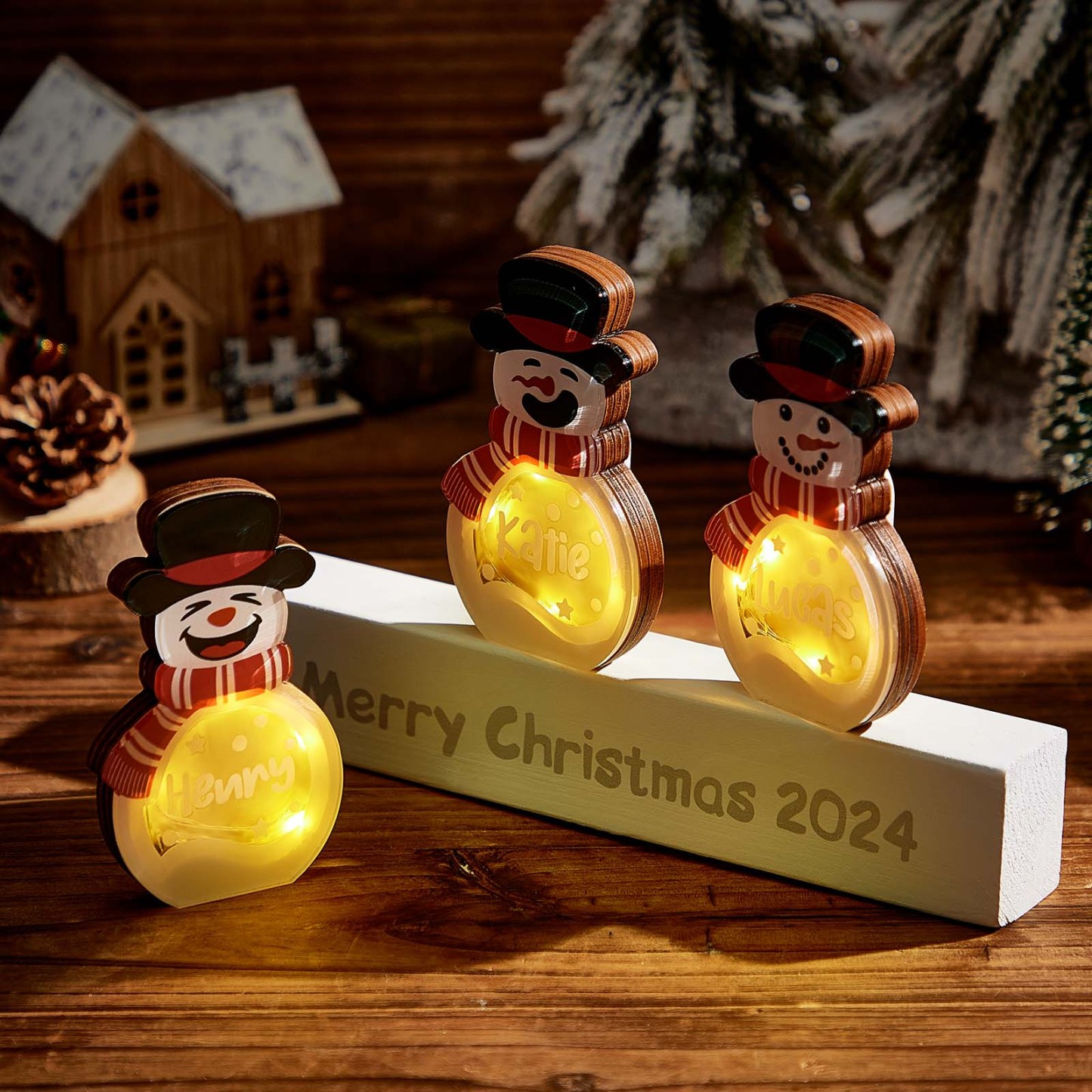 Personalized Snowman Wooden Decoration with LED Light Tabletop Winter Name Block Sign Holiday Party Supplies Christmas Gift for Family