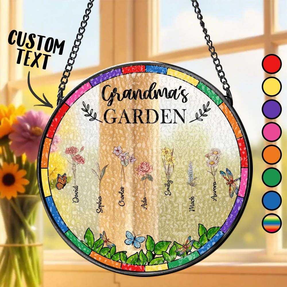 Birth Flower Grandma's Garden - Personalized Stained Glass Window Hanging Suncatcher
