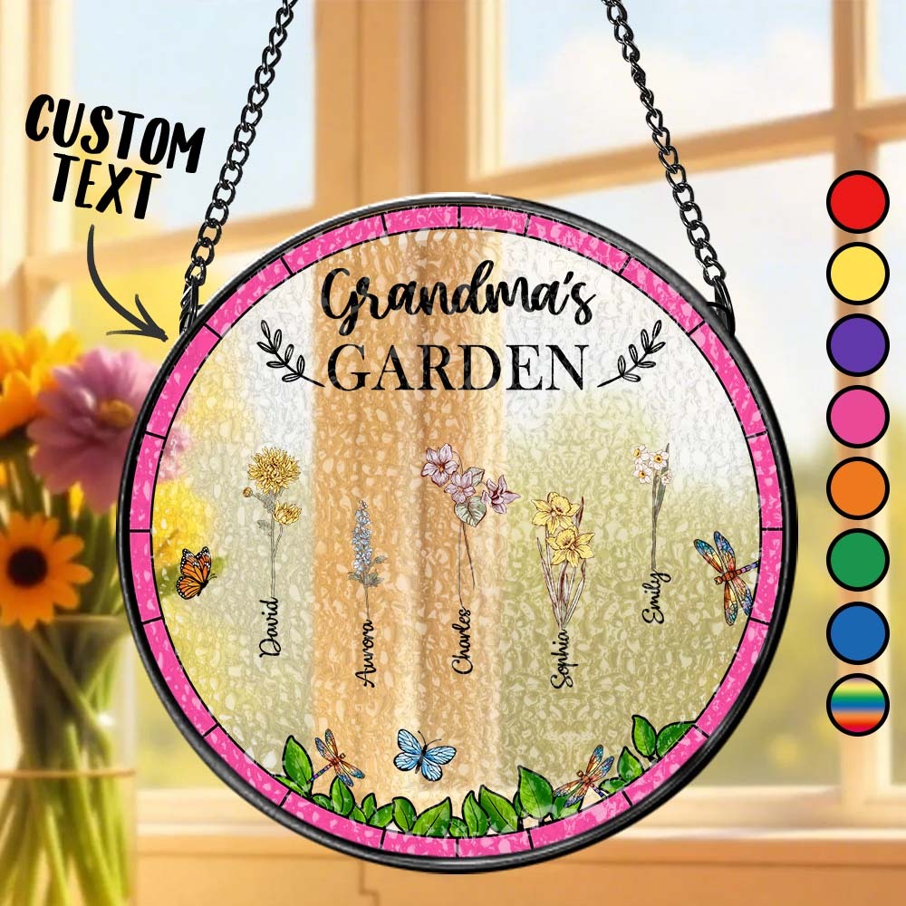Birth Flower Grandma's Garden - Personalized Stained Glass Window Hanging Suncatcher