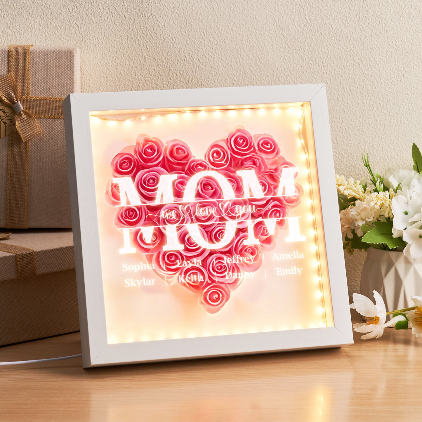 We Love You Mom - Personalized Flower Shadow Box With LED Light
