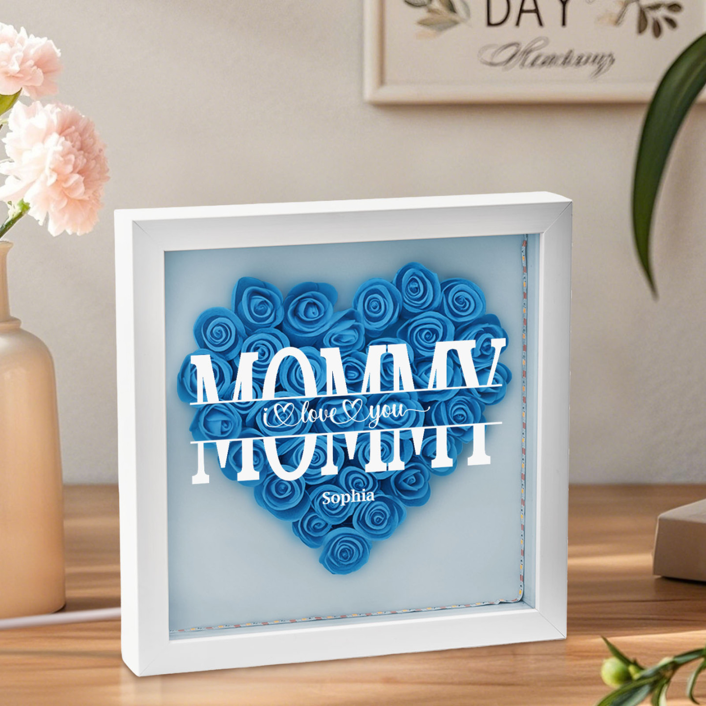 We Love You Mom - Personalized Flower Shadow Box With LED Light