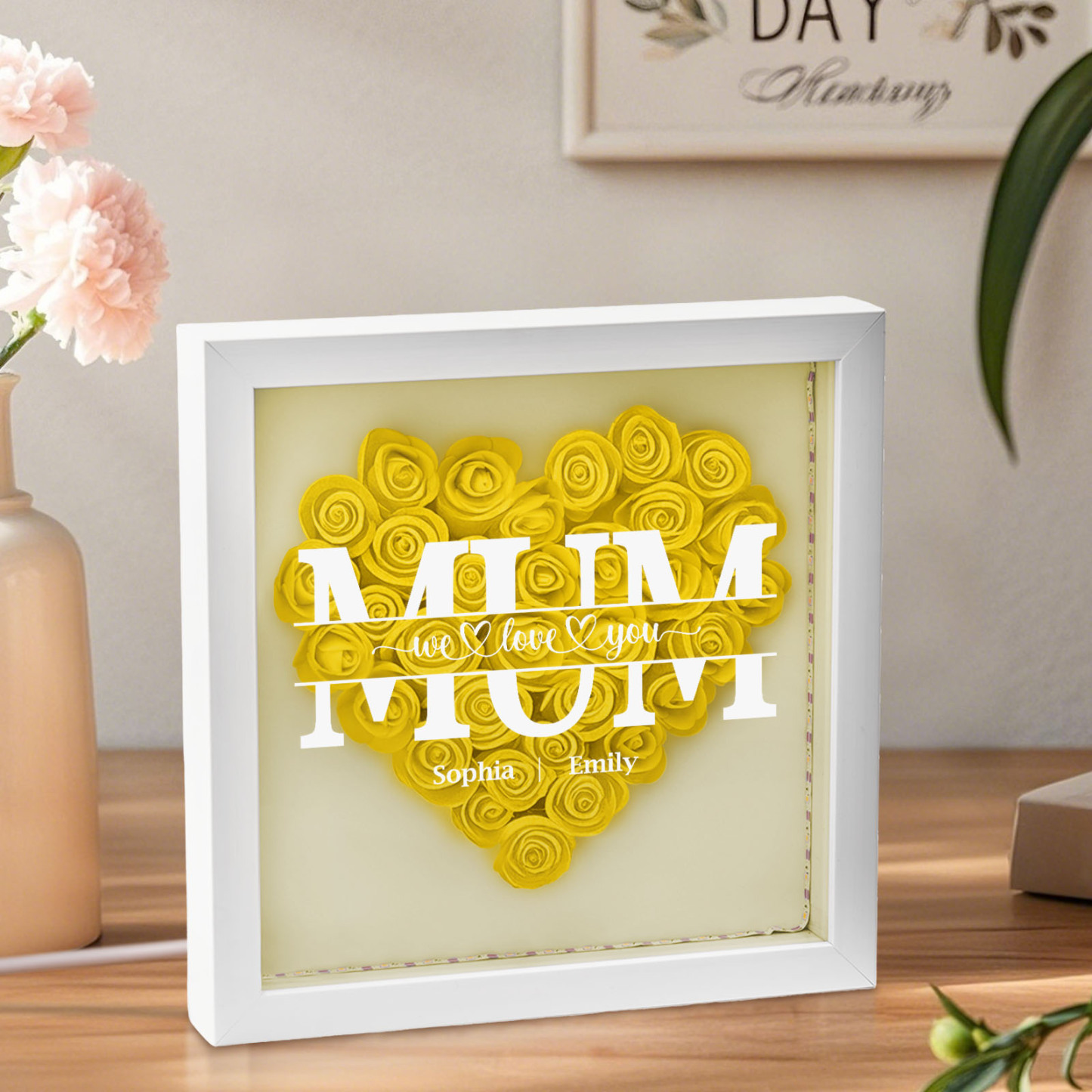We Love You Mom - Personalized Flower Shadow Box With LED Light
