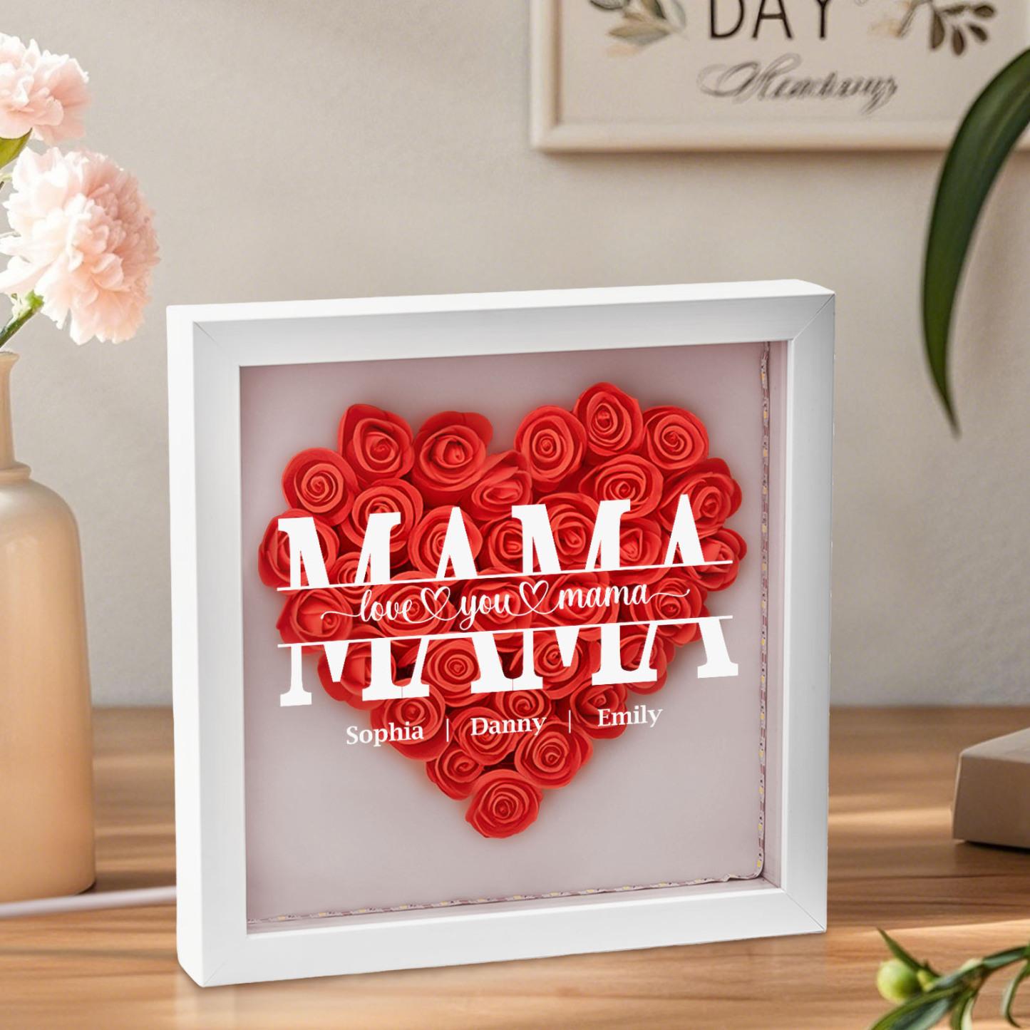 We Love You Mom - Personalized Flower Shadow Box With LED Light