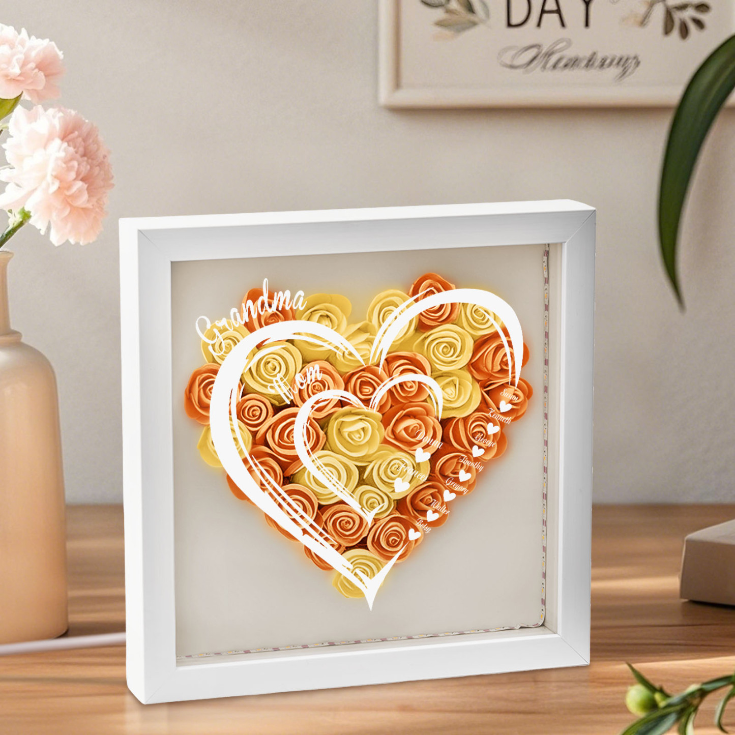 Mom Grandma Hearts Custom Kids' Names - Personalized Flower Shadow Box With LED Light