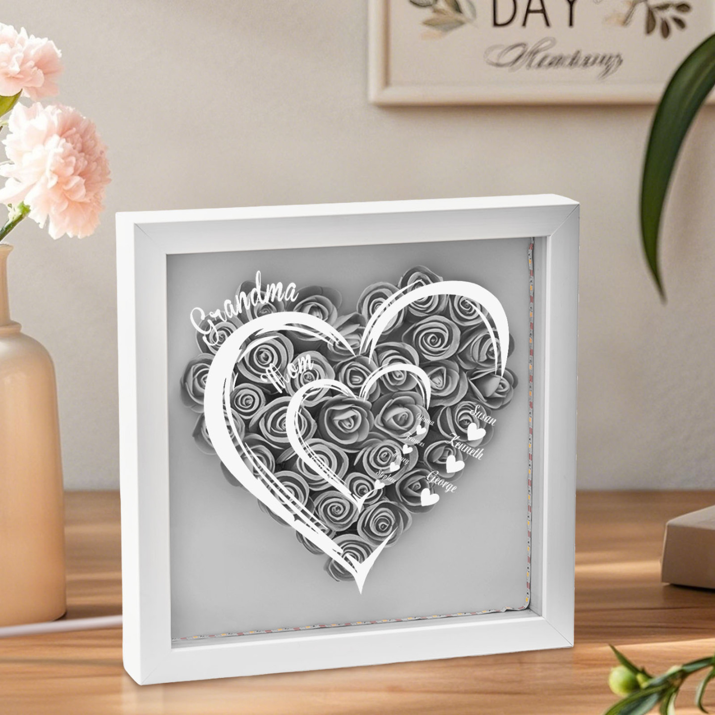 Mom Grandma Hearts Custom Kids' Names - Personalized Flower Shadow Box With LED Light
