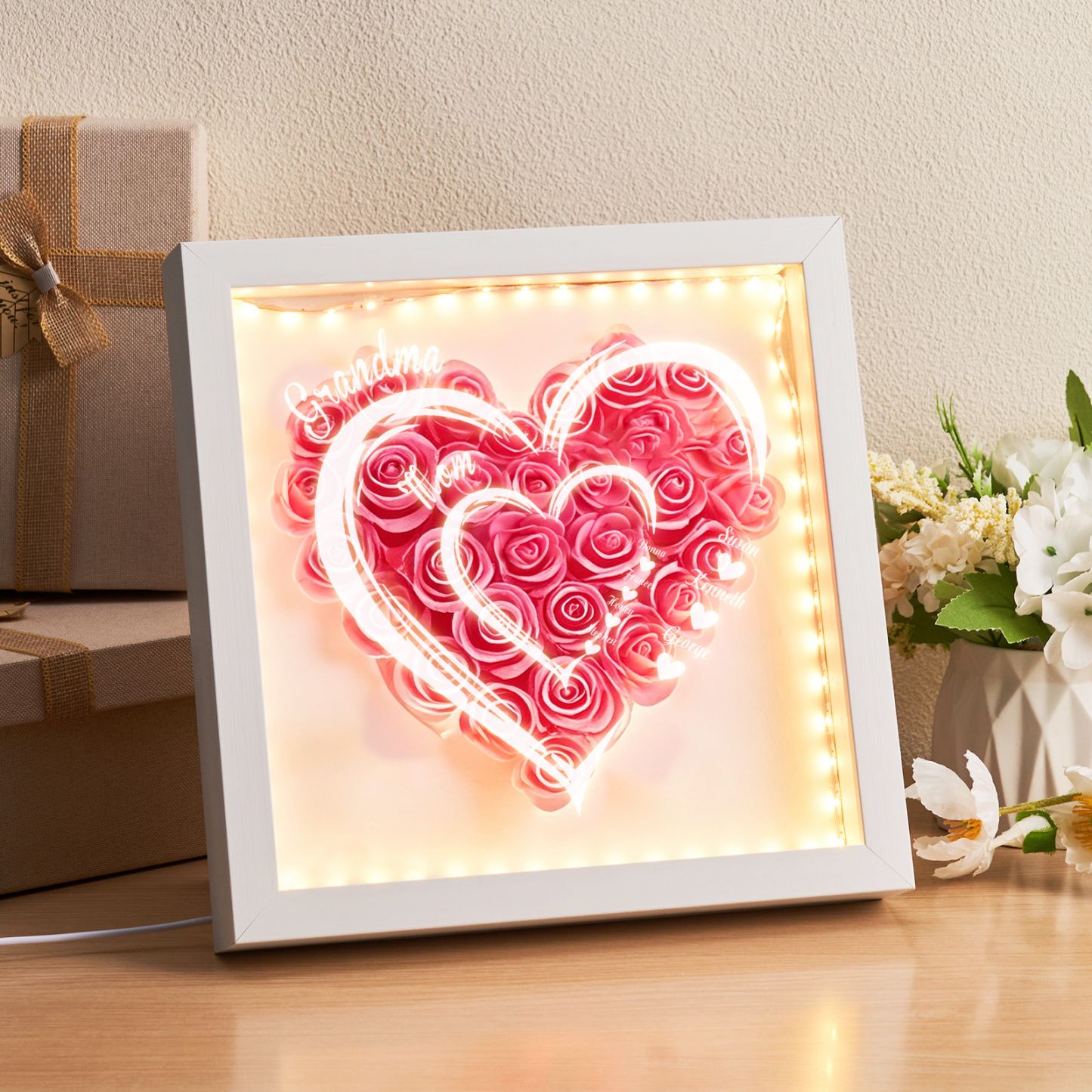 Mom Grandma Hearts Custom Kids' Names - Personalized Flower Shadow Box With LED Light