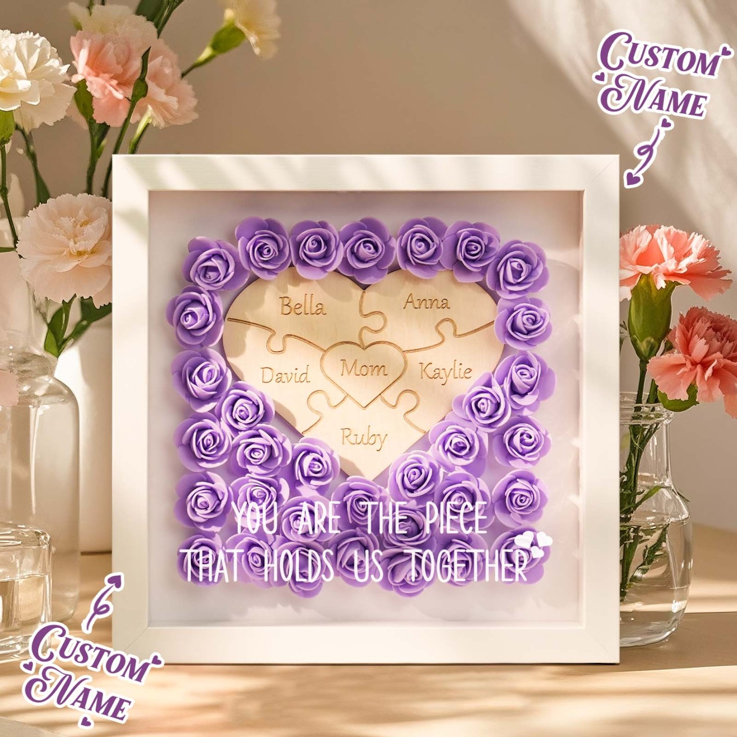 Personalized Puzzle Piece Mom Heart Shaped Flower Shadow Box