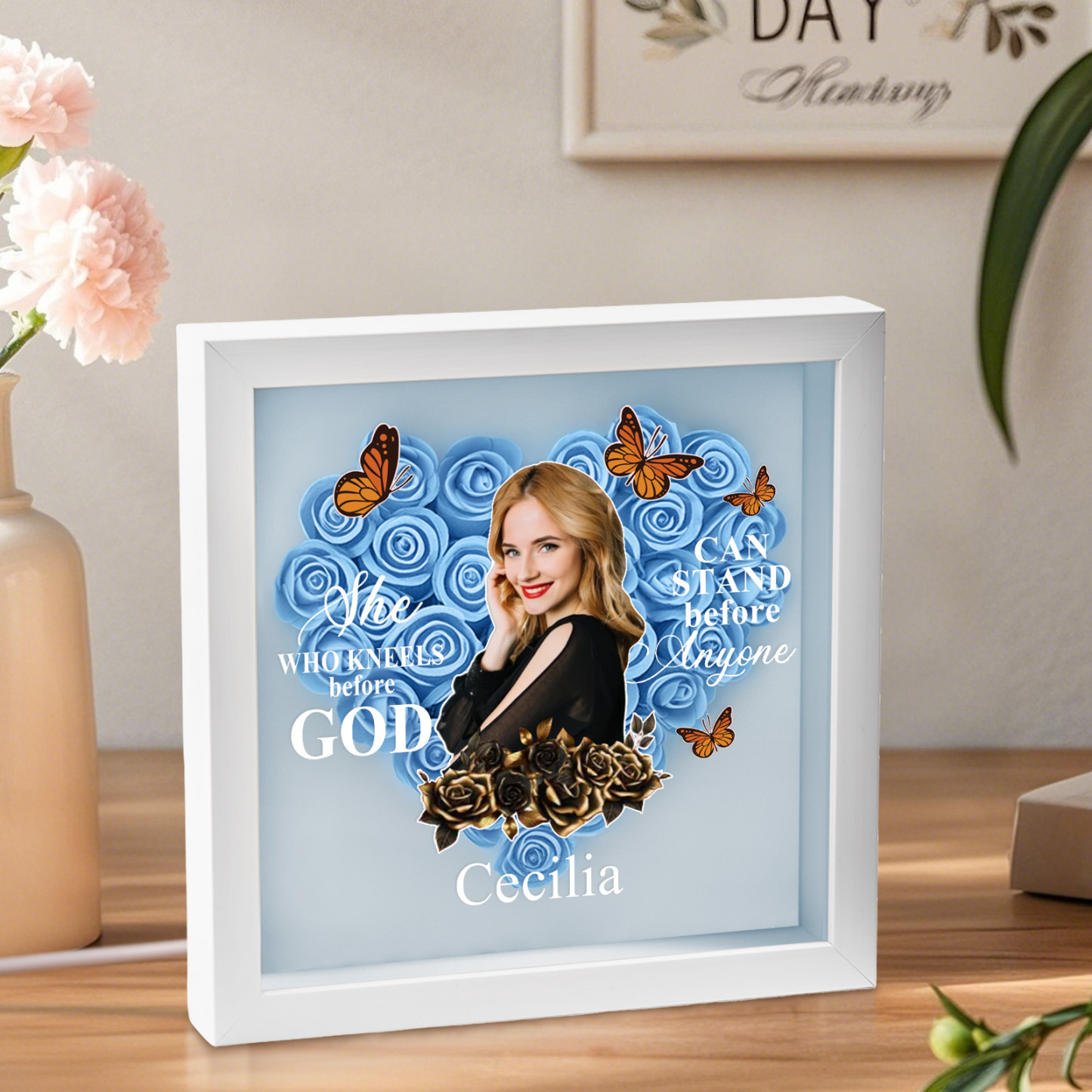 She Who Kneels Before God | Personalized Heart Flower Shadow Box