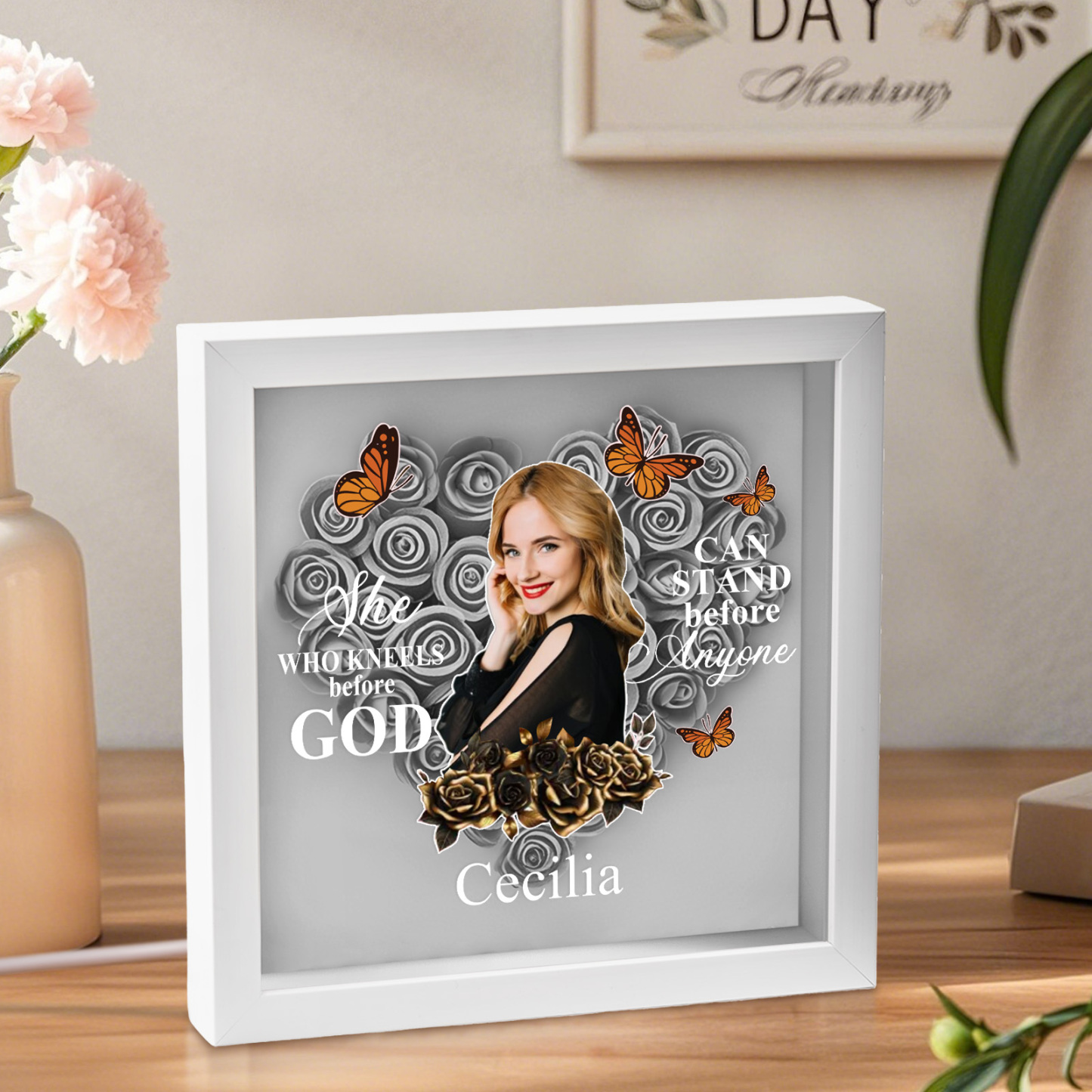 She Who Kneels Before God | Personalized Heart Flower Shadow Box