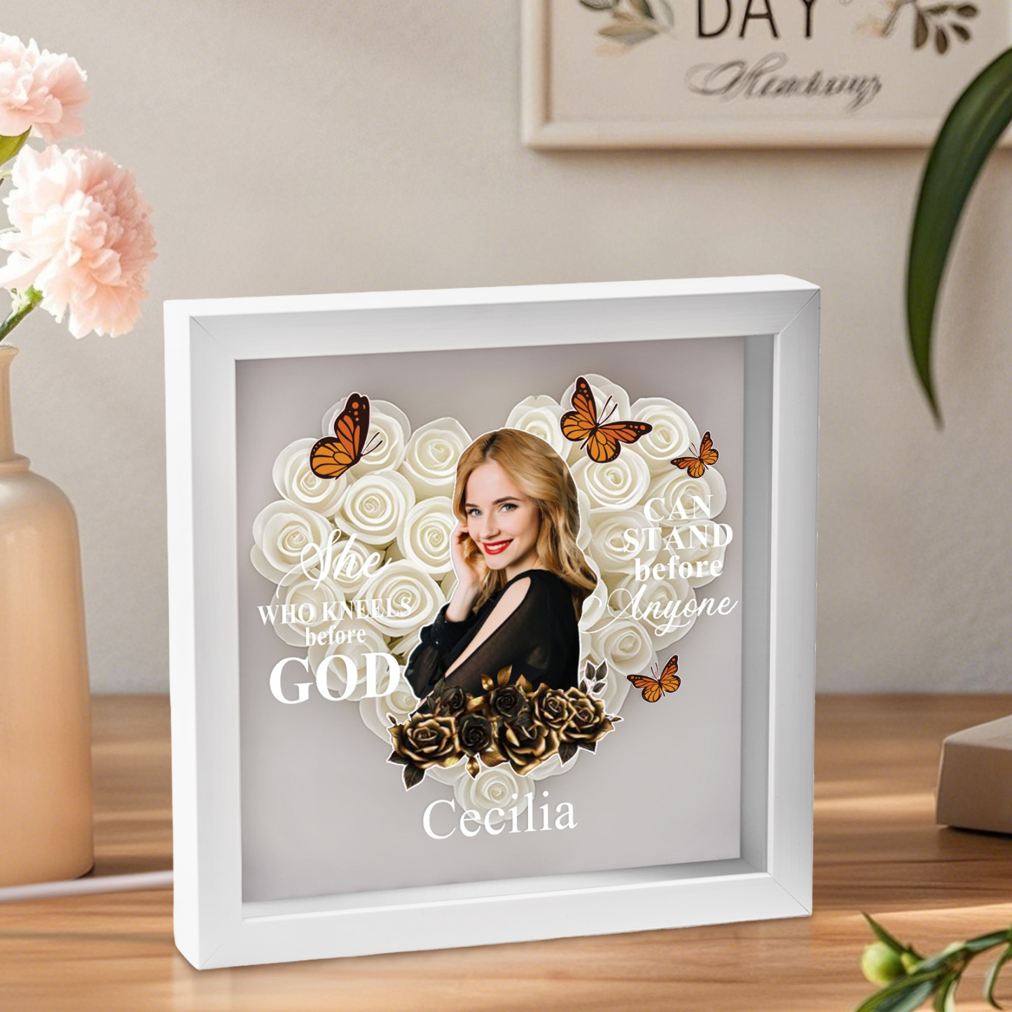 She Who Kneels Before God | Personalized Heart Flower Shadow Box
