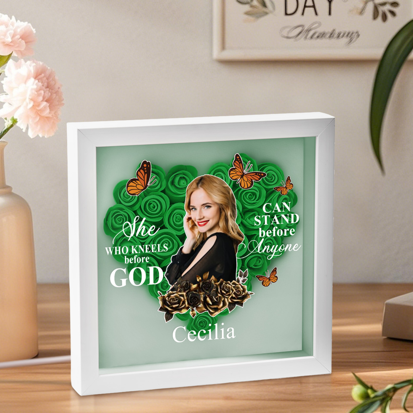She Who Kneels Before God | Personalized Heart Flower Shadow Box
