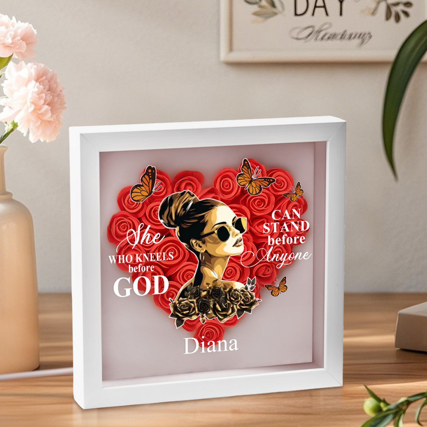 She Who Kneels Before God | Personalized Heart Flower Shadow Box