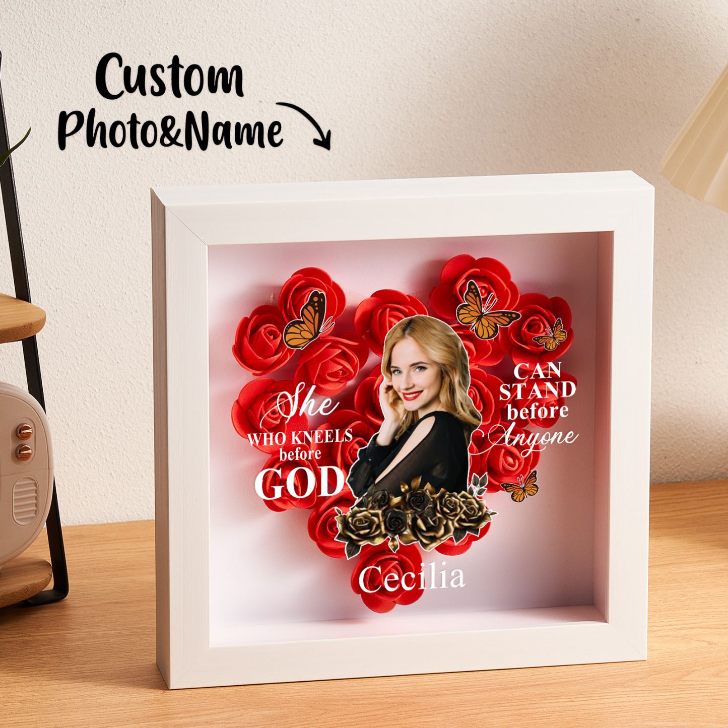 She Who Kneels Before God | Personalized Heart Flower Shadow Box