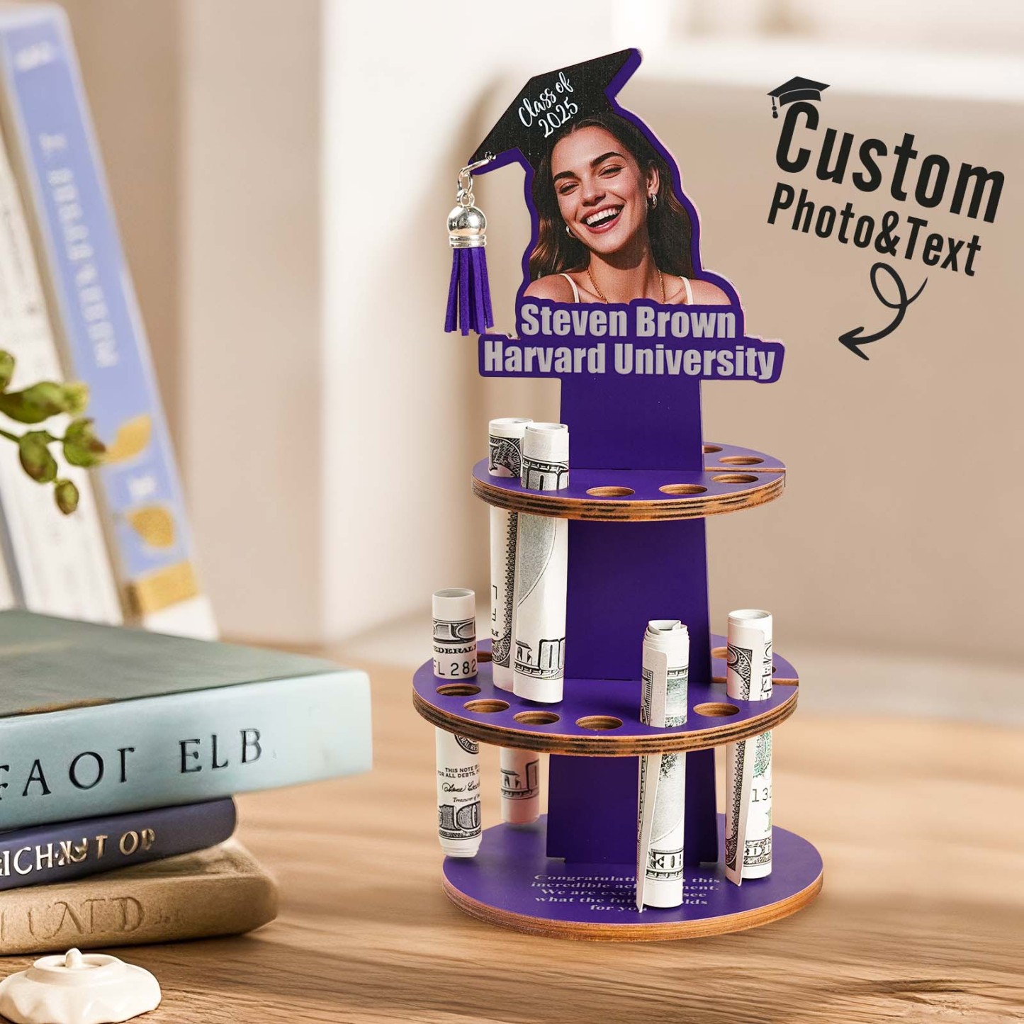 Personalized Graduation Cap Photo Wooden Cake Money Holder with Text Graduation Gift for Class of 2025 Graduates