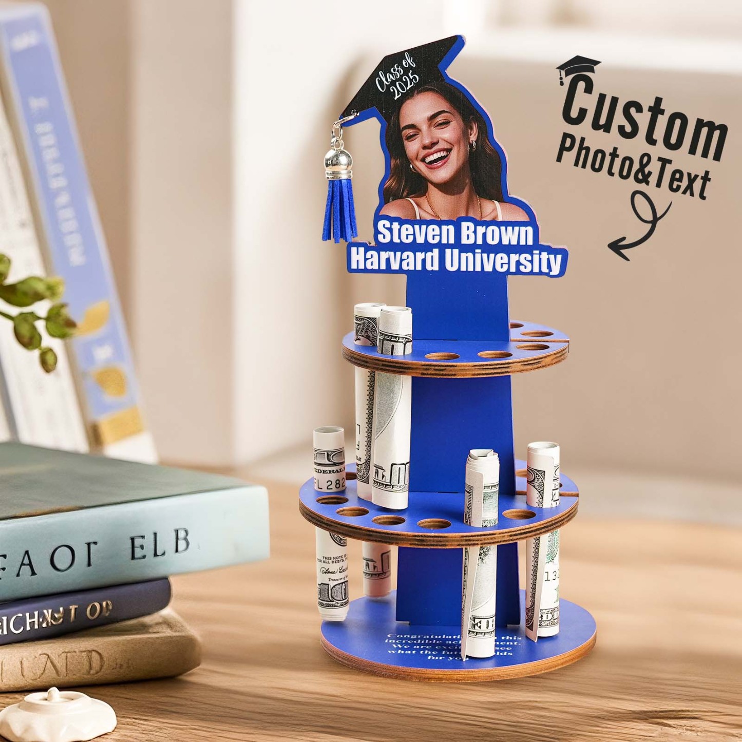 Personalized Graduation Cap Photo Wooden Cake Money Holder with Text Graduation Gift for Class of 2025 Graduates