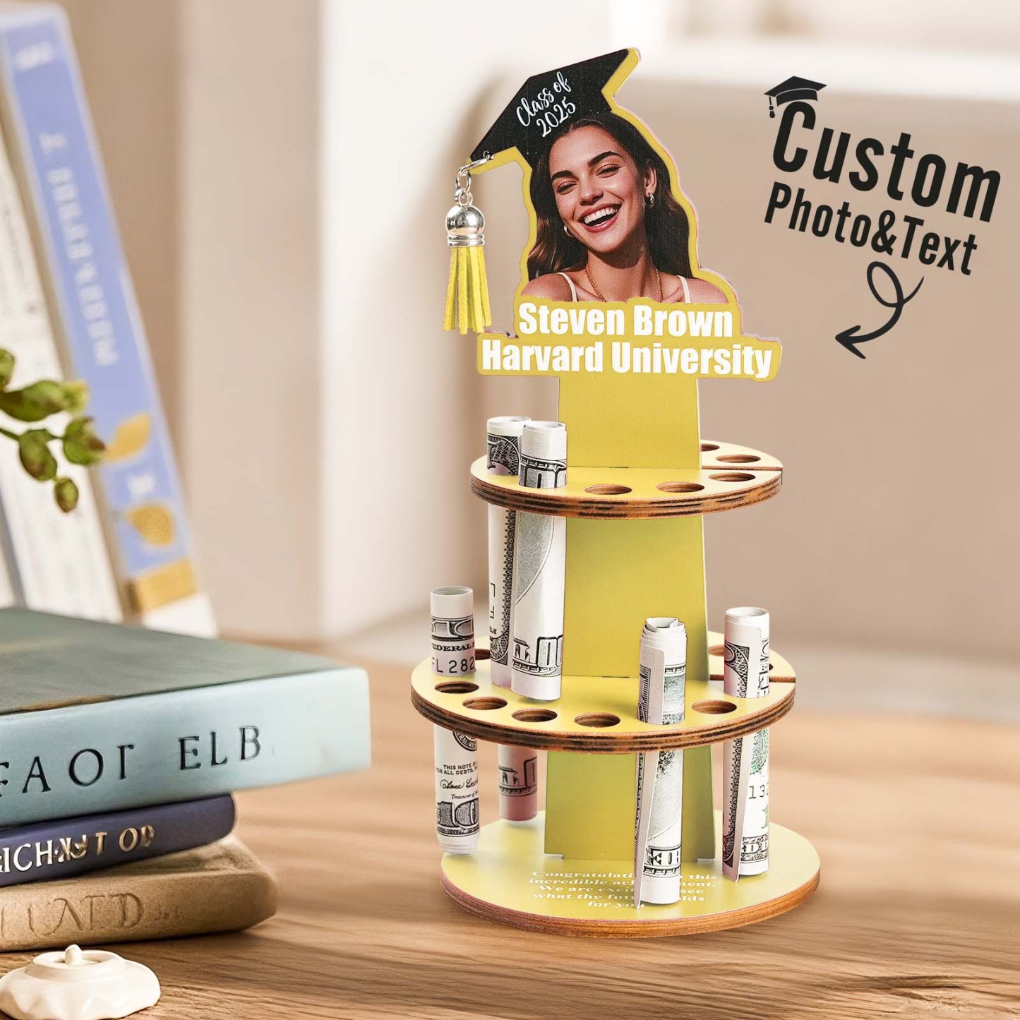 Personalized Graduation Cap Photo Wooden Cake Money Holder with Text Graduation Gift for Class of 2025 Graduates