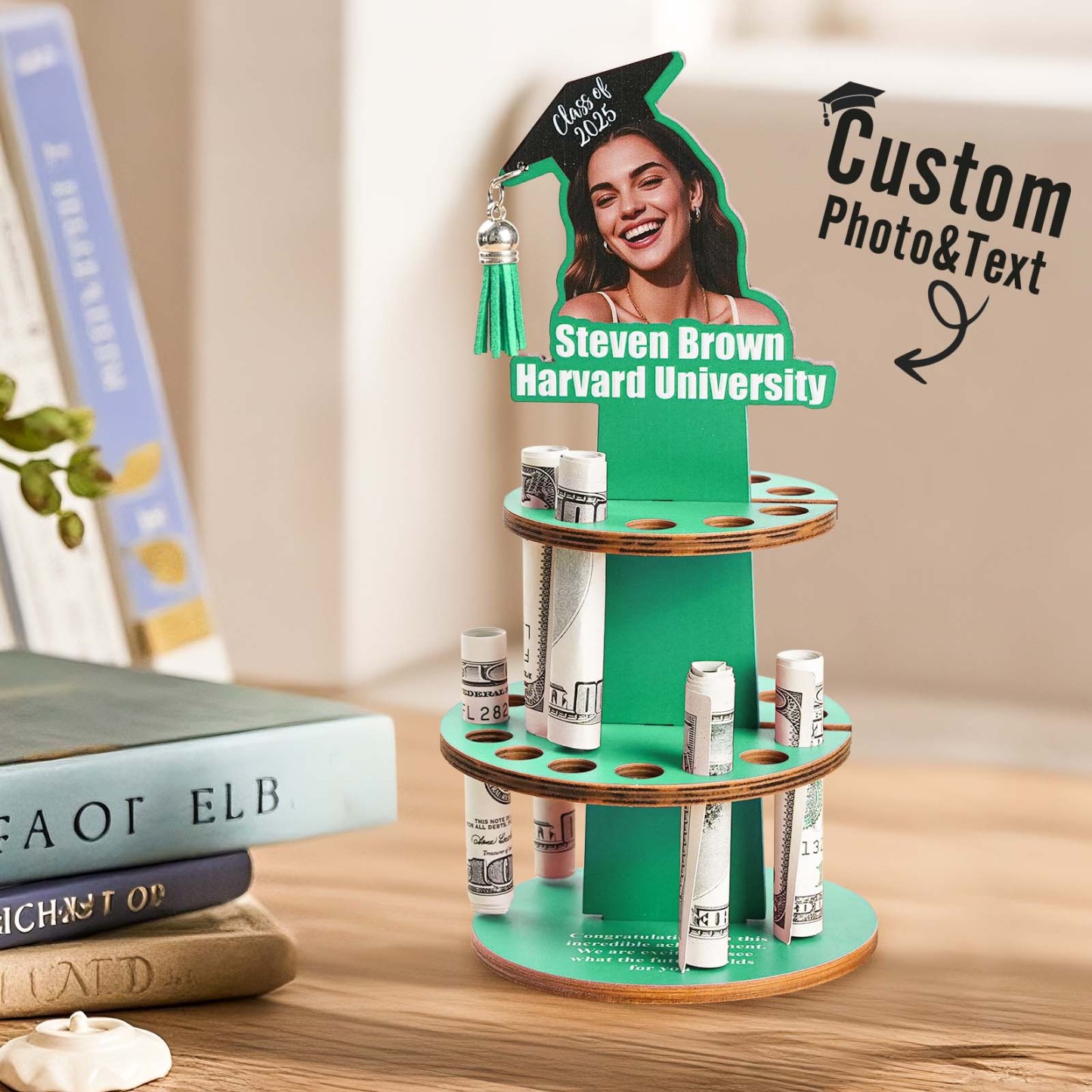 Personalized Graduation Cap Photo Wooden Cake Money Holder with Text Graduation Gift for Class of 2025 Graduates