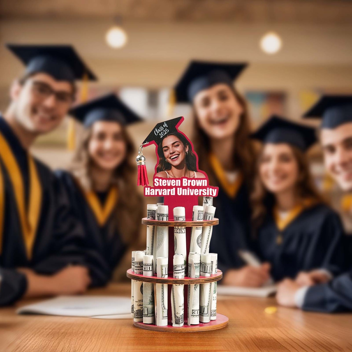 Personalized Graduation Cap Photo Wooden Cake Money Holder with Text Graduation Gift for Class of 2025 Graduates
