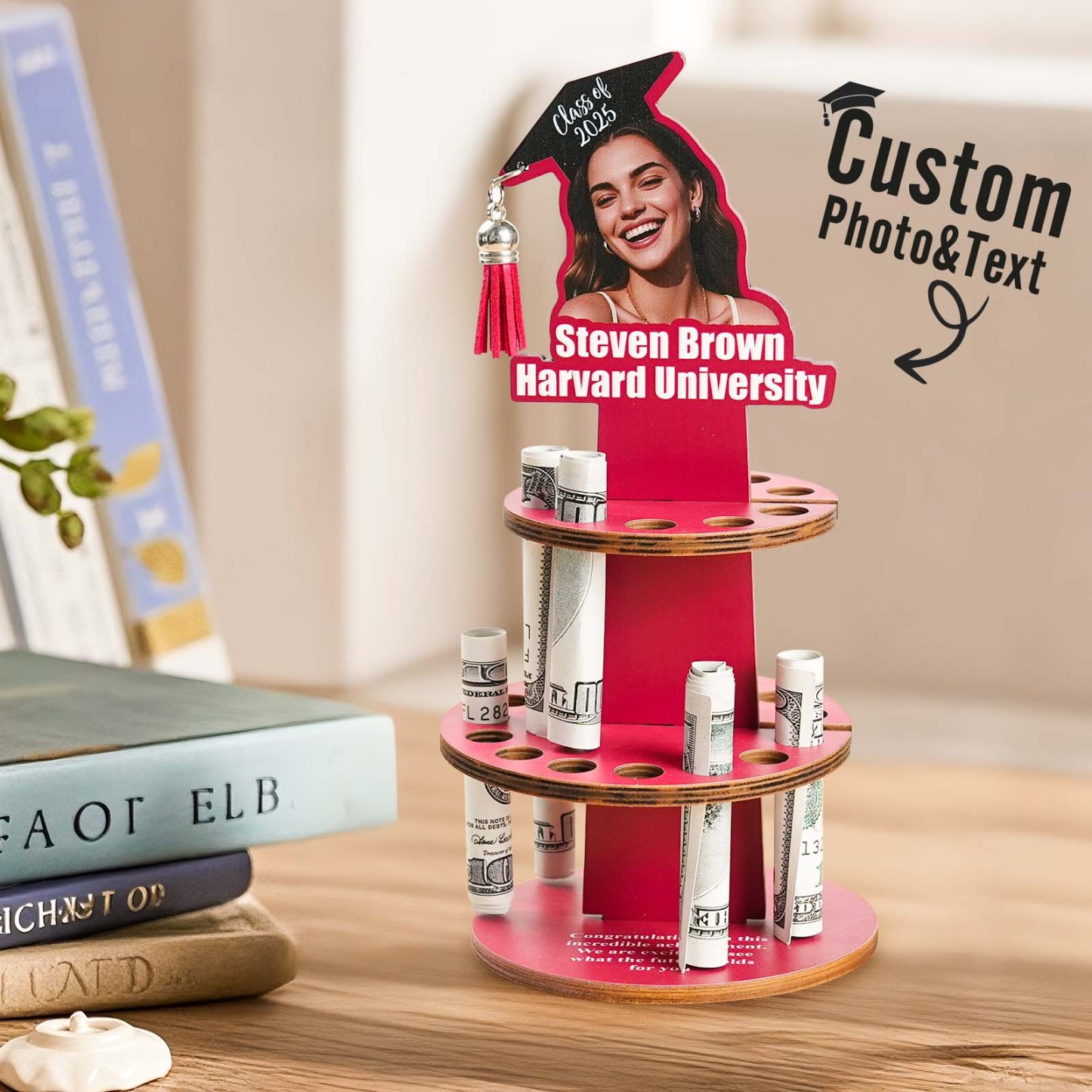 Personalized Graduation Cap Photo Wooden Cake Money Holder with Text Graduation Gift for Class of 2025 Graduates