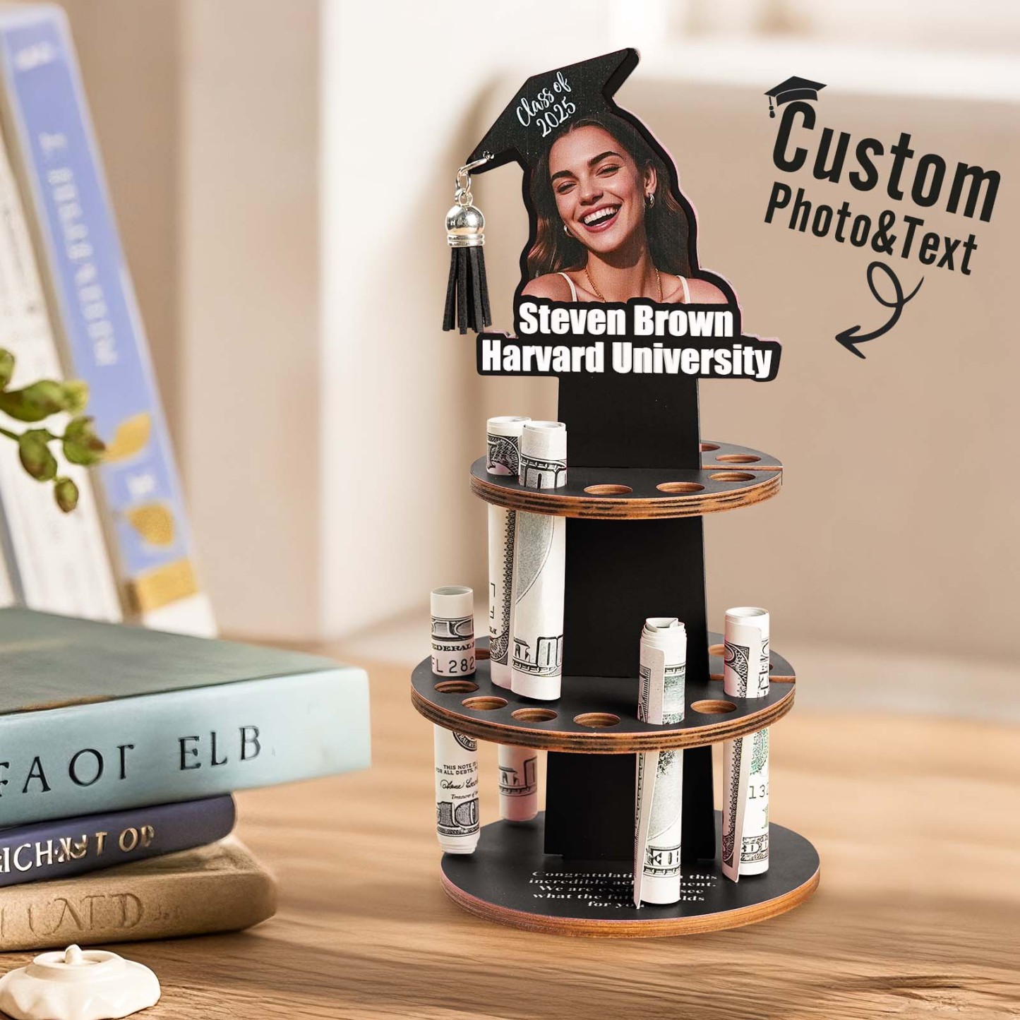 Personalized Graduation Cap Photo Wooden Cake Money Holder with Text Graduation Gift for Class of 2025 Graduates