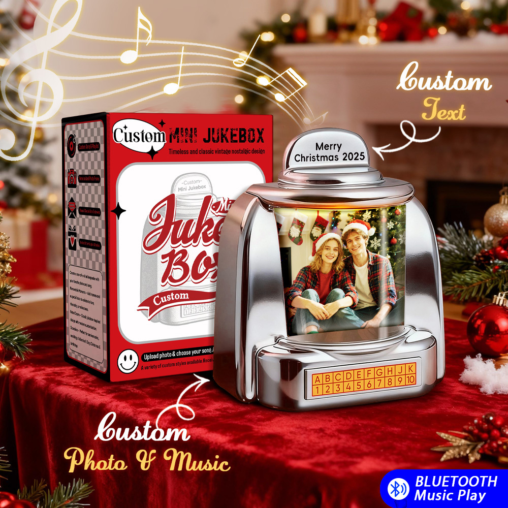 Custom Christmas Mini Jukebox Retro Speaker – Personalized Photo,Names & Date Music Mini Player with Radio | Vintage Tabletop Home Decor Nostalgic Christmas Retro Gifts