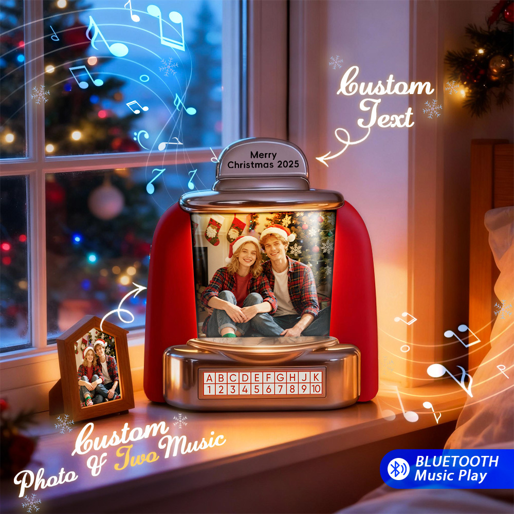 Custom Christmas Mini Jukebox Retro Speaker – Personalized Photo,Names & Date Music Mini Player with Radio | Vintage Tabletop Home Decor Nostalgic Christmas Retro Gifts
