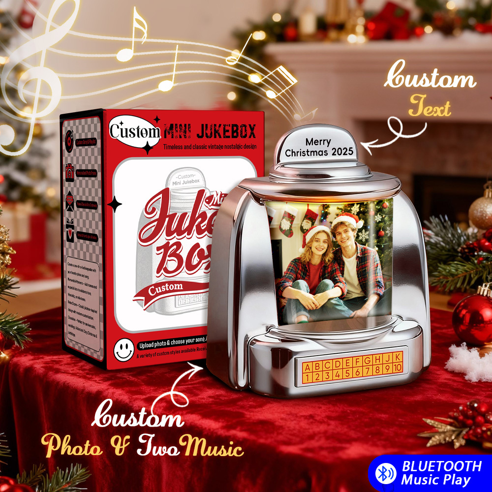 Custom Christmas Mini Jukebox Retro Speaker – Personalized Photo,Names & Date Music Mini Player with Radio | Vintage Tabletop Home Decor Nostalgic Christmas Retro Gifts