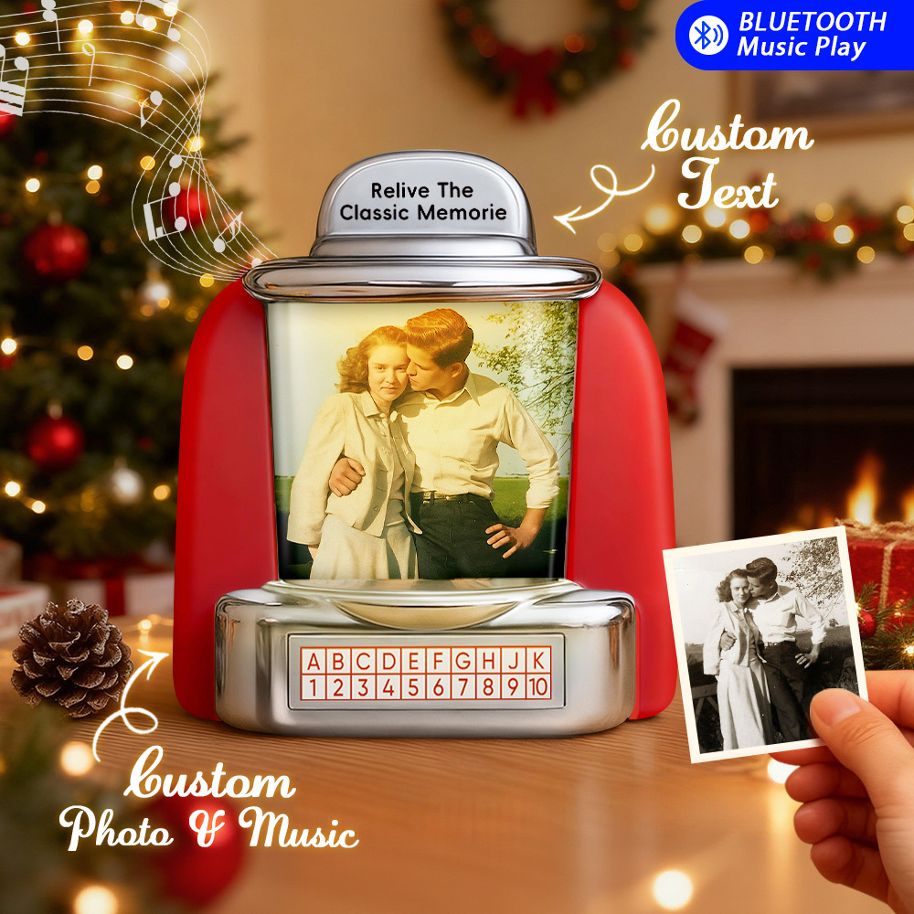 Custom AI Restore Old Memories Mini Jukebox Retro Speaker – Personalized Photo,Names & Date Music Mini Player with Radio | Vintage Tabletop Home Decor Nostalgic Christmas Retro Gifts