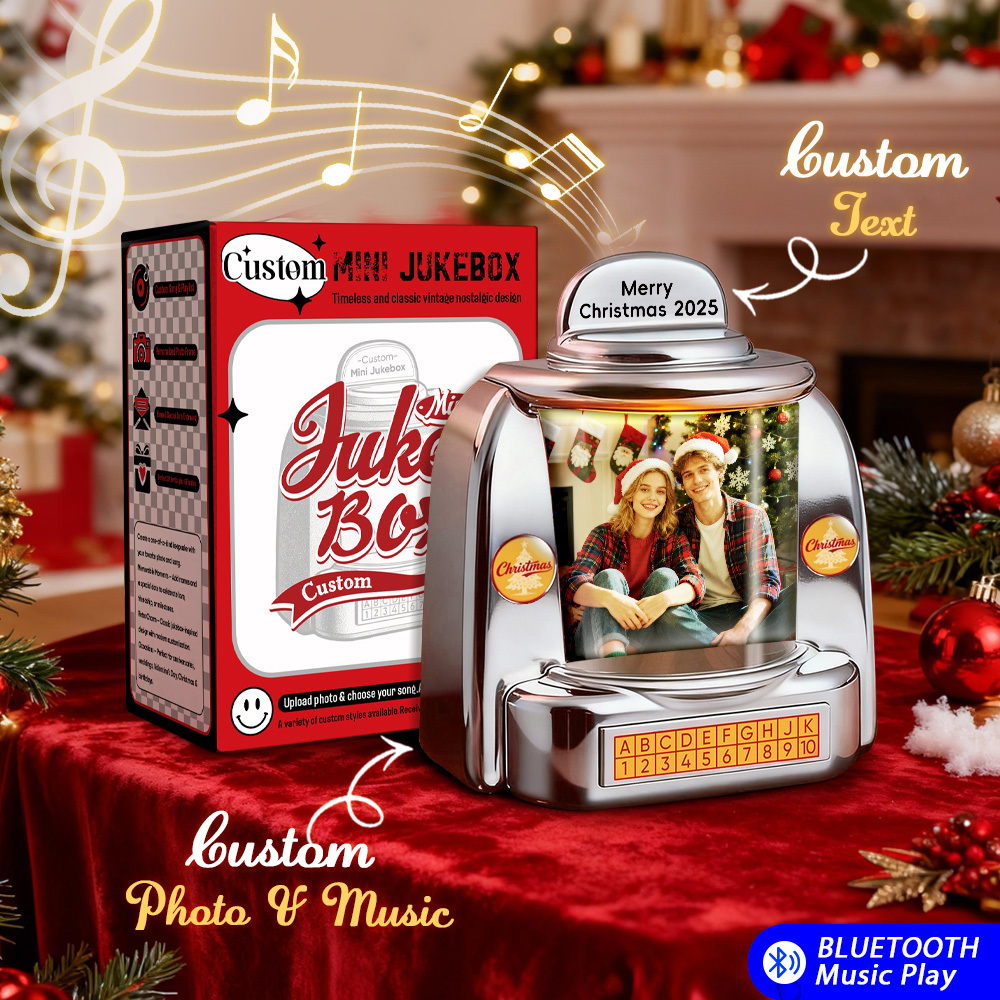 Custom Christmas Mini Jukebox Retro Speaker – Personalized Photo,Names & Date Music Mini Player with Radio | Vintage Tabletop Home Decor Nostalgic Christmas Retro Gifts