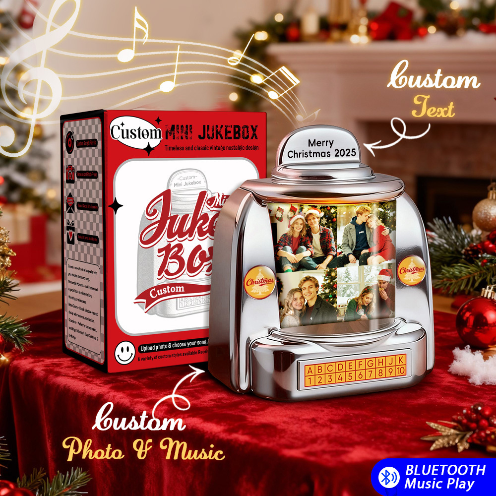 Custom Christmas Mini Jukebox Retro Speaker – Personalized Photo,Names & Date Music Mini Player with Radio | Vintage Tabletop Home Decor Nostalgic Christmas Retro Gifts